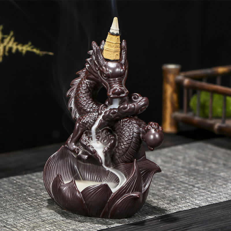 Brûleur d'encens en céramique à motif de dragon et de lotus