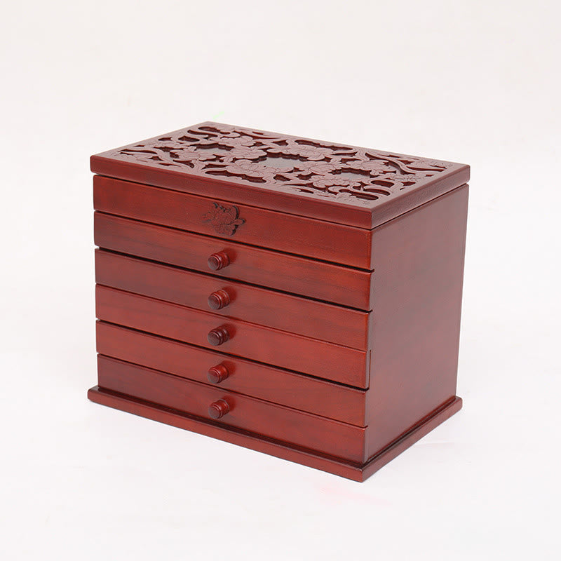 Boîte à bijoux en bois sculpté à six niveaux avec Buddha Stones et fleurs vintage de grande capacité