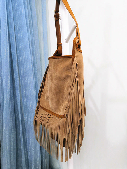 Sac à bandoulière femme à franges en cuir – Cuir véritable – 28 cm
