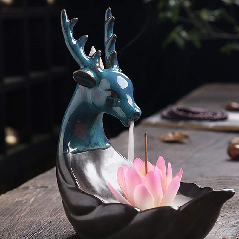 Brûleur d’Encens en Céramique Lotus & Cerf à Reflux