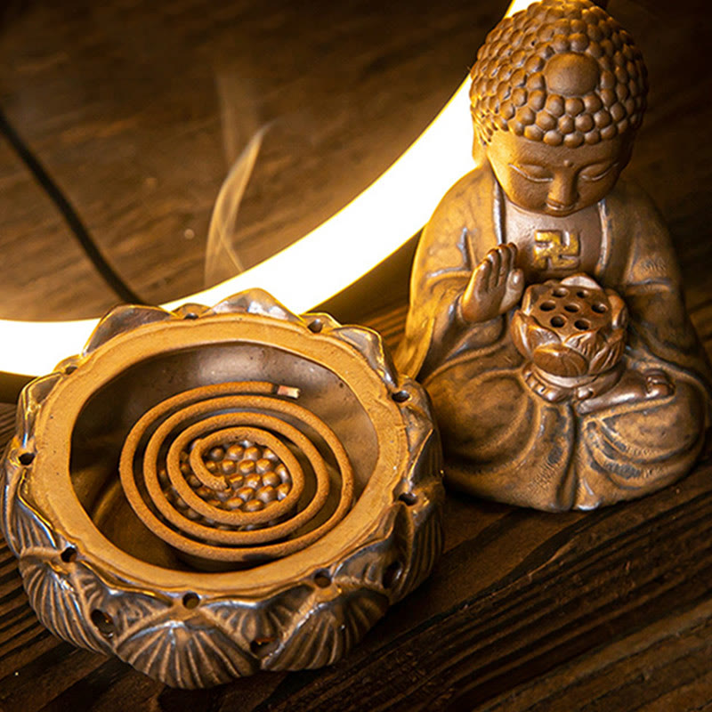 Brûleur d’Encens Reflux Bouddha Lotus en Céramique – Porte-Encens LED