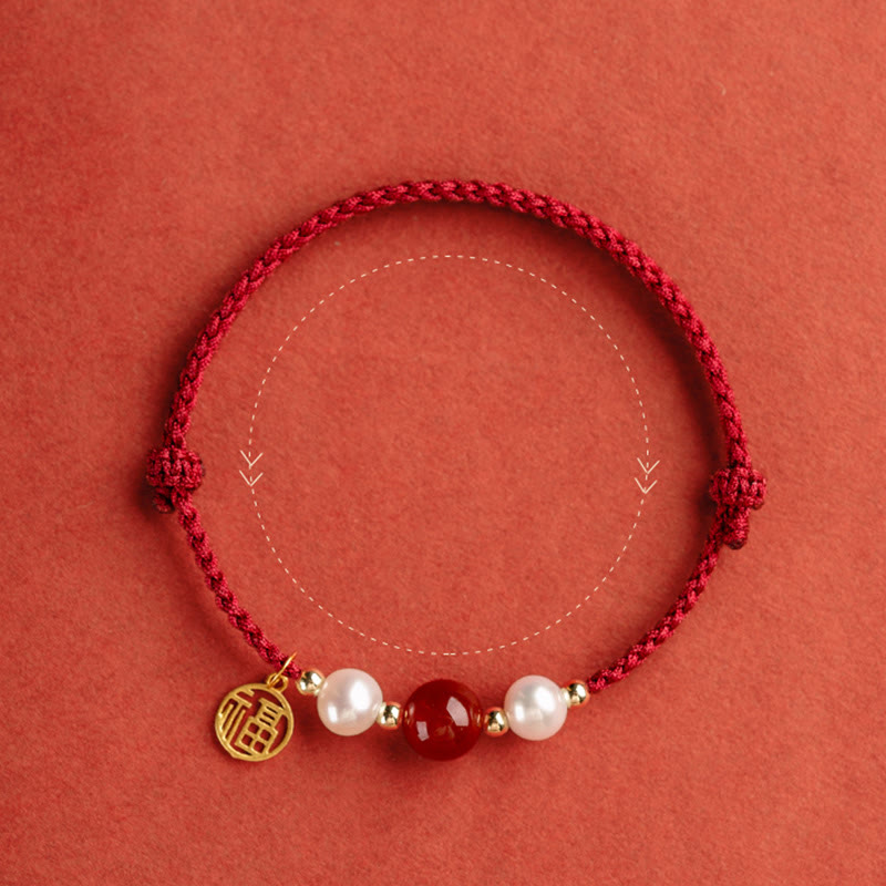 Bracelet Fil Rouge en Argent Sterling 925 avec Symbole Fu (福)