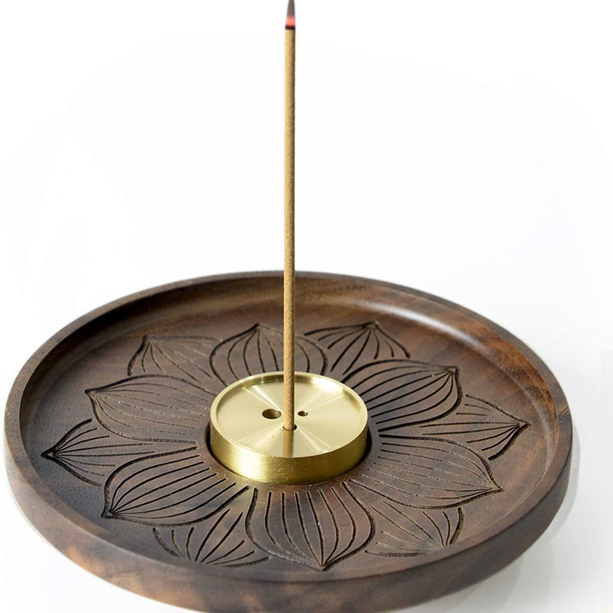 Porte-Encens en Noyer Noir & Laiton – Lotus Sculpté (12 cm)