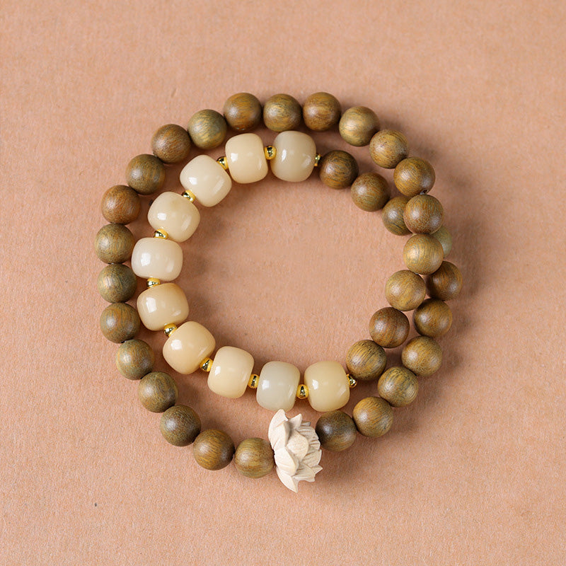 Bracelet Mala Lotus en Bois de Santal Vert & Graines de Bodhi – Perles ~8 mm
