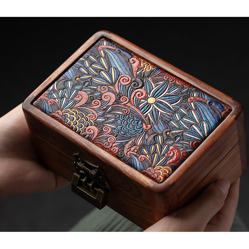 Boîte de rangement de bijoux en bois de rose à motif floral rétro faite à la main, boîte de rangement verrouillable en bois pour cadeaux