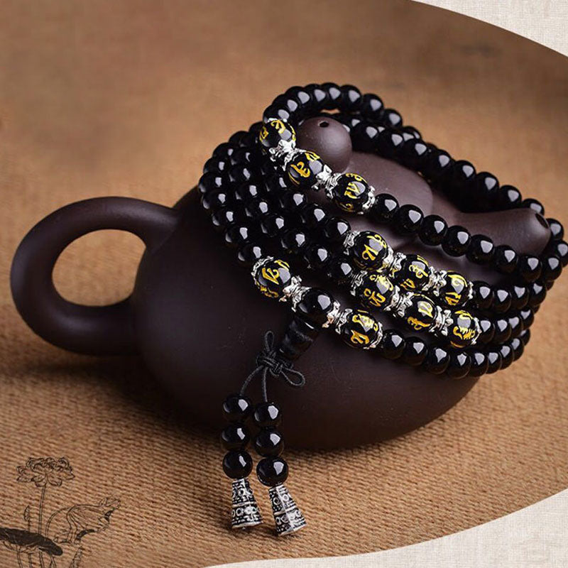 Bracelet Mala de Protection en Obsidienne Noire 6 mm – Six Mots Sacrés