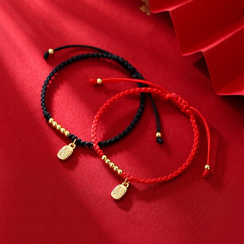 Bracelet Fil Rouge avec Symbole Fu (福) en Cuivre