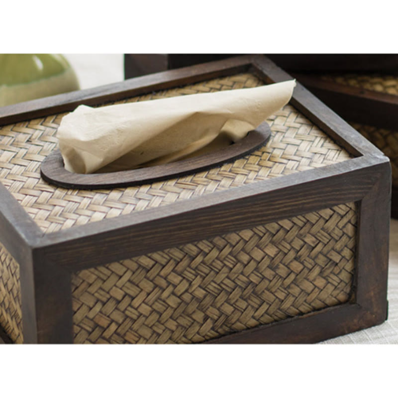 Boîte à mouchoirs en bois tressé en bambou fait à la main Porte-mouchoirs en bois Boîtes à lingettes Décoration