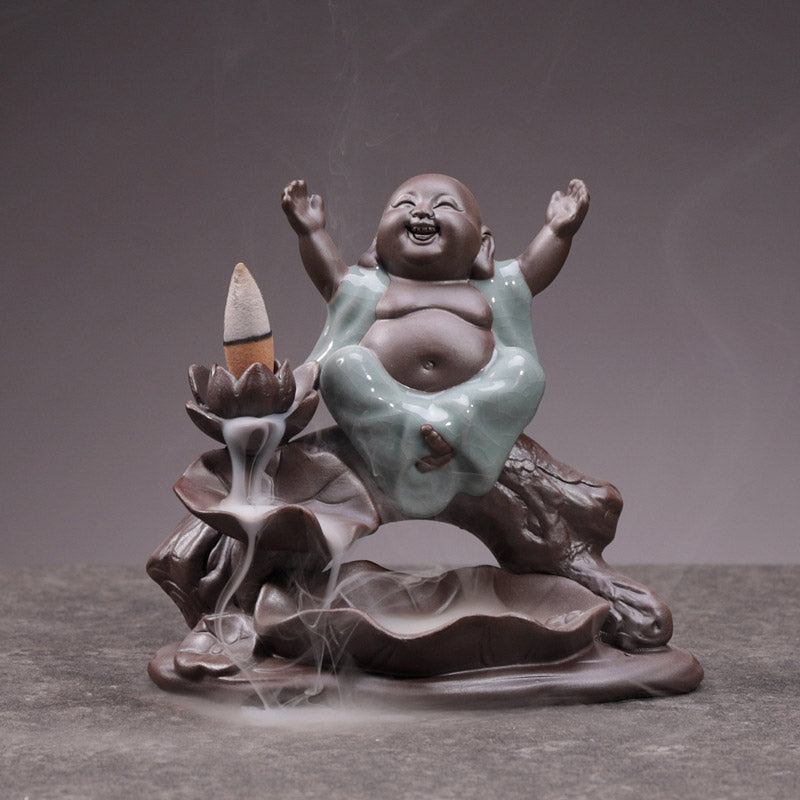 Brûleur d’Encens en Céramique Lotus & Petit Moine à Reflux