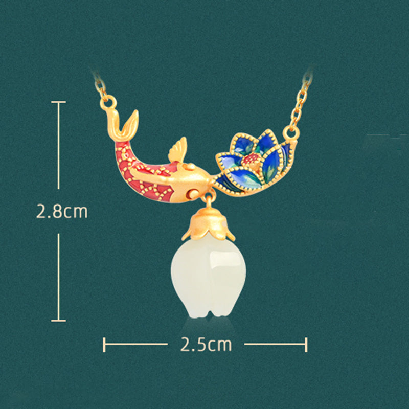 Pendentif Carpe Koï & Lotus en Jade Blanc Naturel