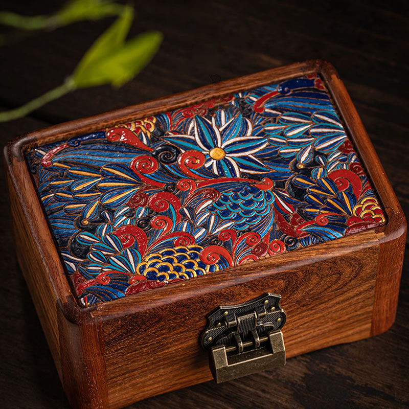 Boîte de rangement de bijoux en bois de rose à motif floral rétro faite à la main, boîte de rangement verrouillable en bois pour cadeaux