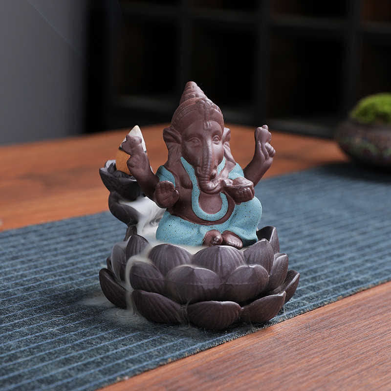 Brûleur d'encens à reflux en argile violette avec protection contre la fumée de l'éléphant Ganesh