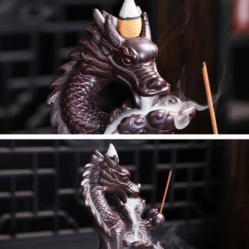 Brûleur d'encens en céramique à motif de dragon et de lotus