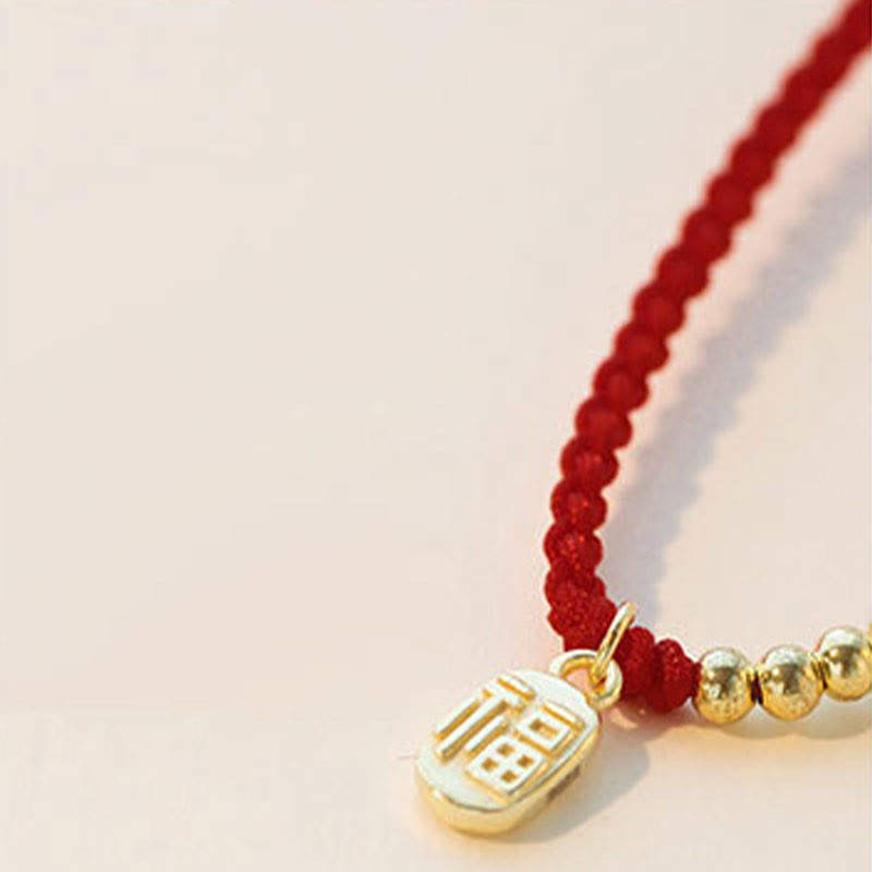 Bracelet Fil Rouge avec Symbole Fu (福) en Cuivre