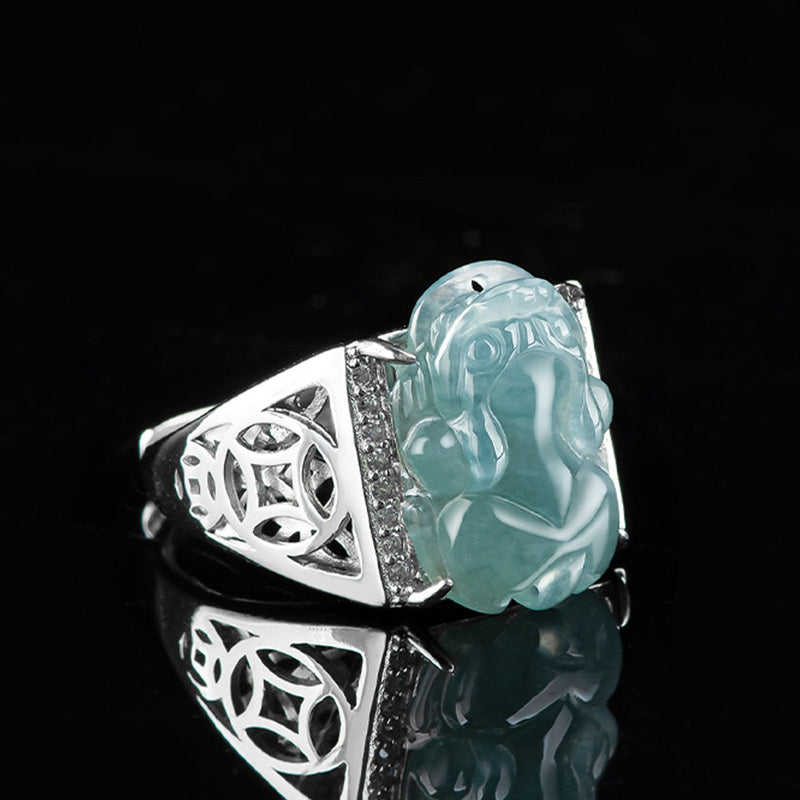 Bague Pixiu en Jade Naturel & Argent Sterling 925 – Talisman Symbolique de Prospérité