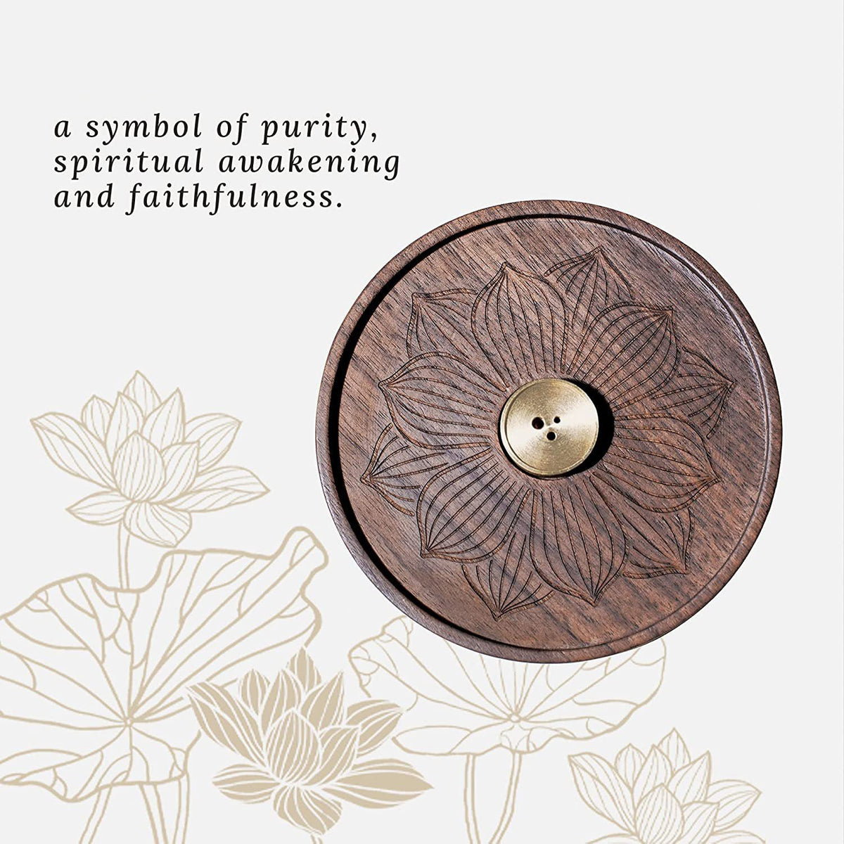 Porte-Encens en Noyer Noir & Laiton – Lotus Sculpté (12 cm)