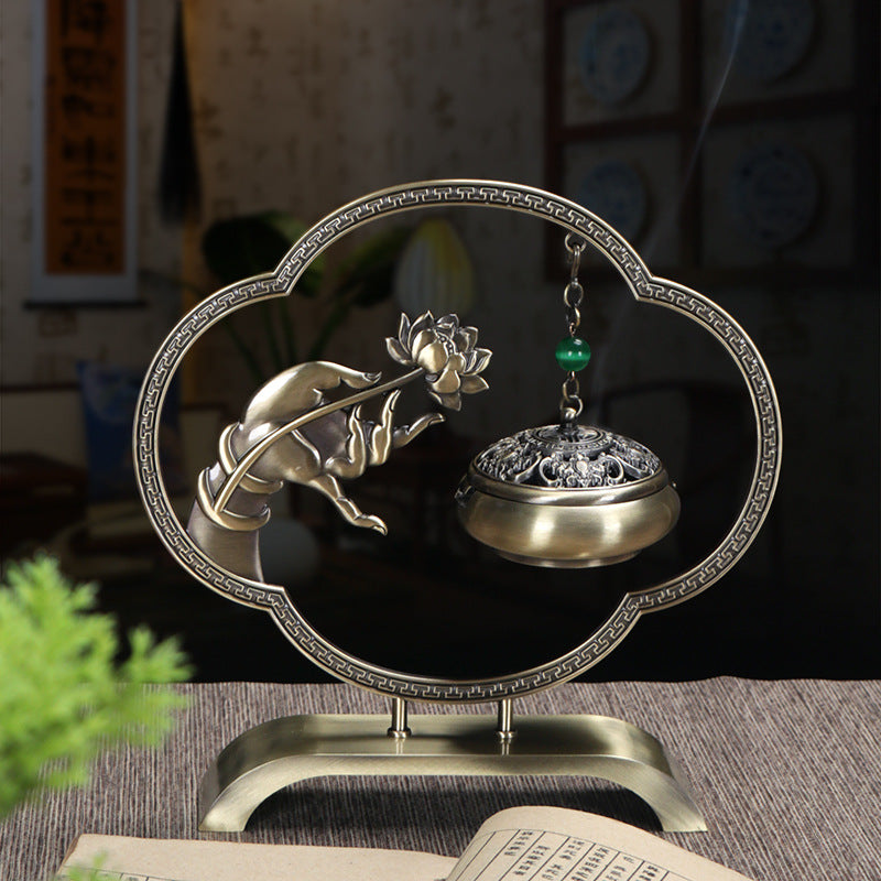 Brûleur d’Encens Ni Hua Na Fu en Laiton – Sculpture Lotus Porte-Bonheur