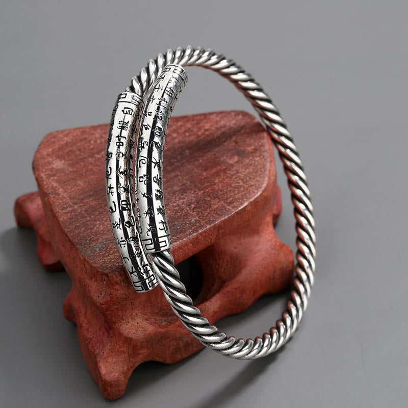Bracelet en Cuivre Gravé Sutra du Cœur, Motif Torsadé Ajustable