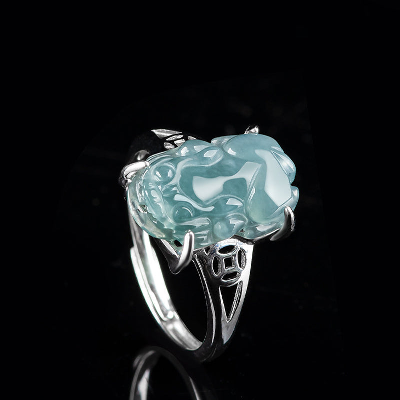 Bague Pixiu en Jade Naturel & Argent Sterling 925 – Talisman Symbolique de Prospérité