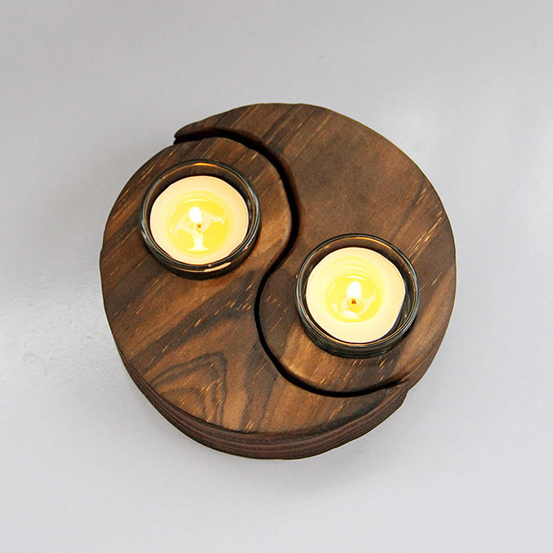 Porte Bougie Yin Yang en Bois pour Autel Spirituel