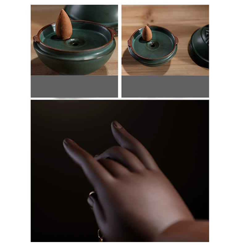 Brûleur d'encens en céramique avec bénédiction du lotus tibétain