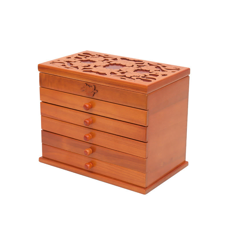 Boîte à bijoux en bois sculpté à six niveaux avec Buddha Stones et fleurs vintage de grande capacité