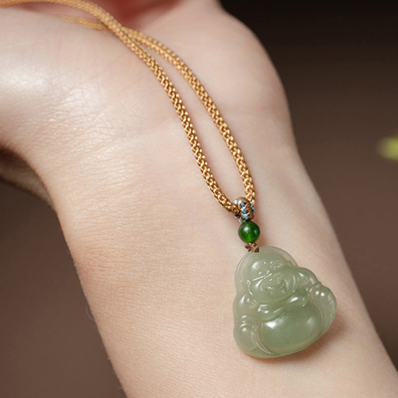 Collier Jade Lotus & Bouddha Rieur – 75 cm