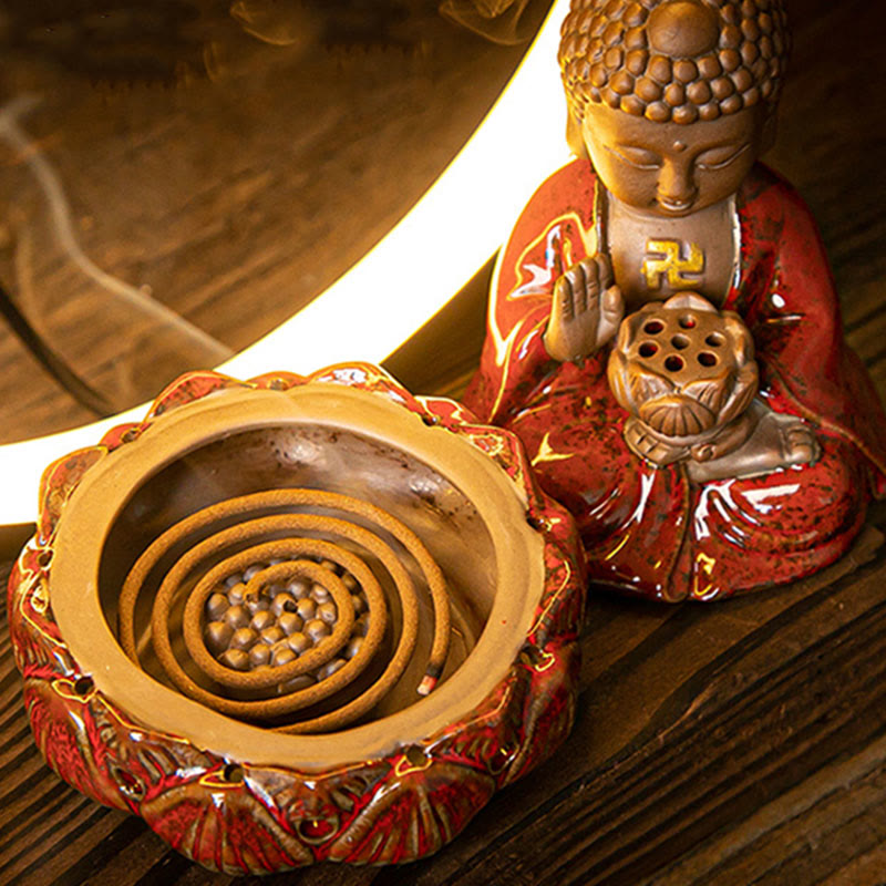Brûleur d’Encens Reflux Bouddha Lotus en Céramique – Porte-Encens LED