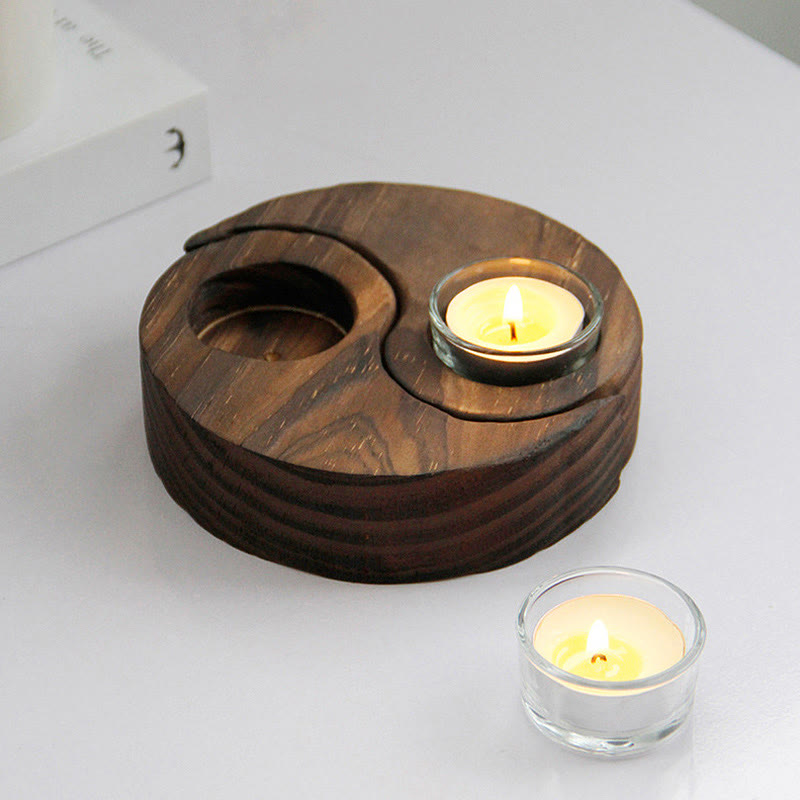 Porte Bougie Yin Yang en Bois pour Autel Spirituel