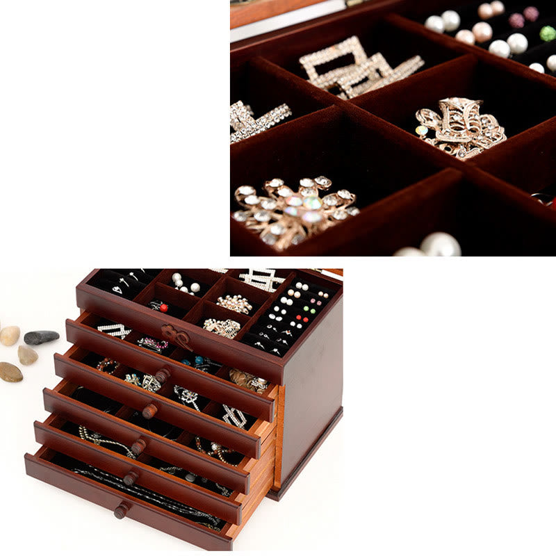 Boîte à bijoux en bois sculpté à six niveaux avec Buddha Stones et fleur de prunier vintage