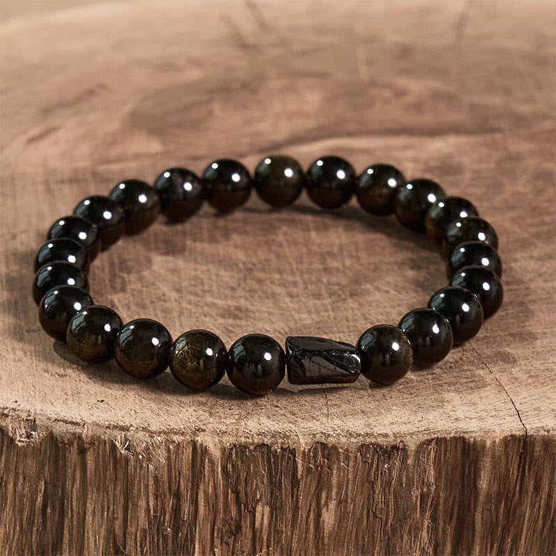 Bracelet Obsidienne Dorée & Tourmaline Noire 8 mm, Ancrage et Symbolique de Prospérité