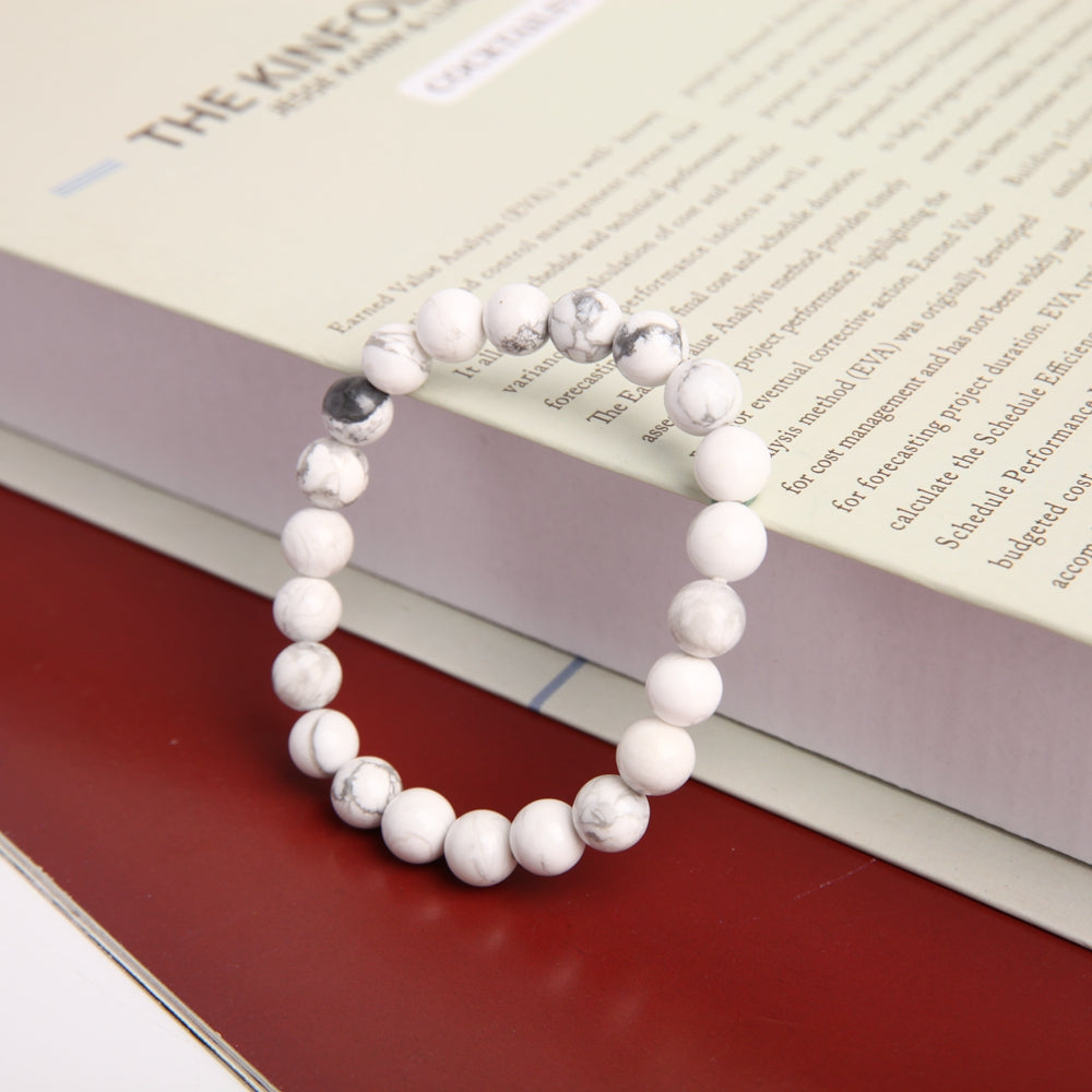 Bracelet en Howlite Naturelle 8 mm, Perles Polies Artisanales