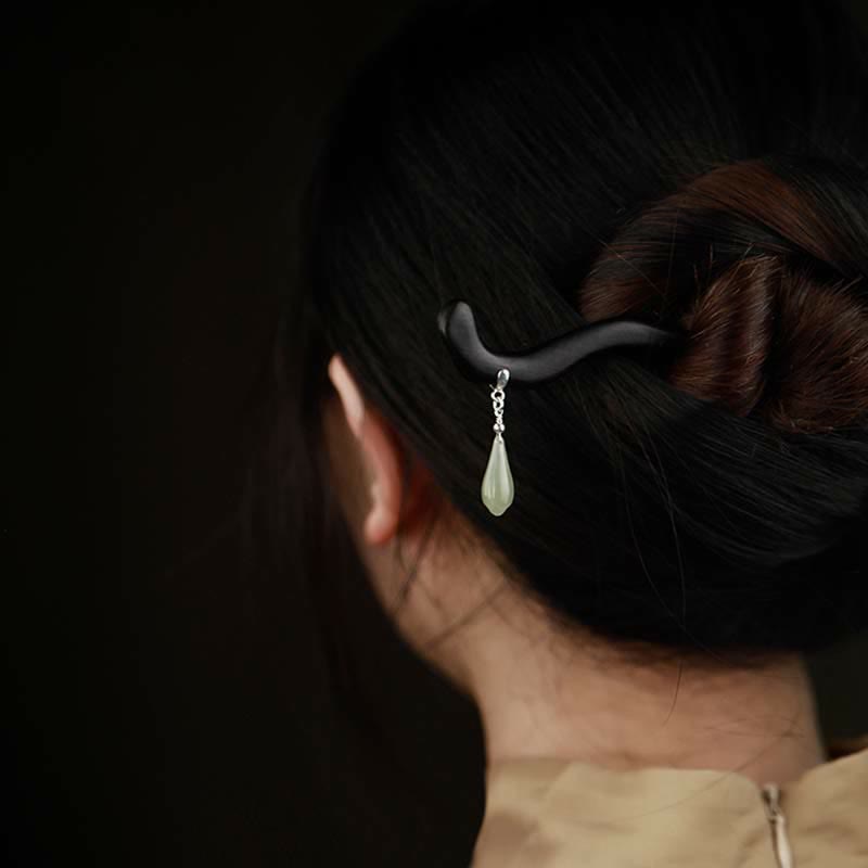 Pic à Cheveux Jade Hetian & Bois d’Ébène 18cm