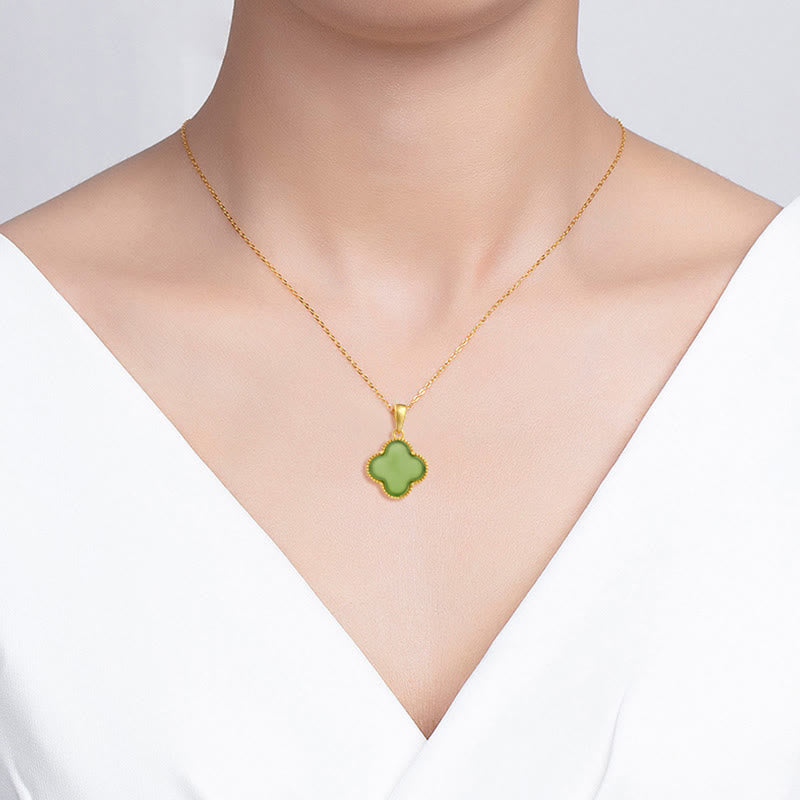 Collier Trèfle Porte-Bonheur en Jade Hetian & Argent Sterling 925