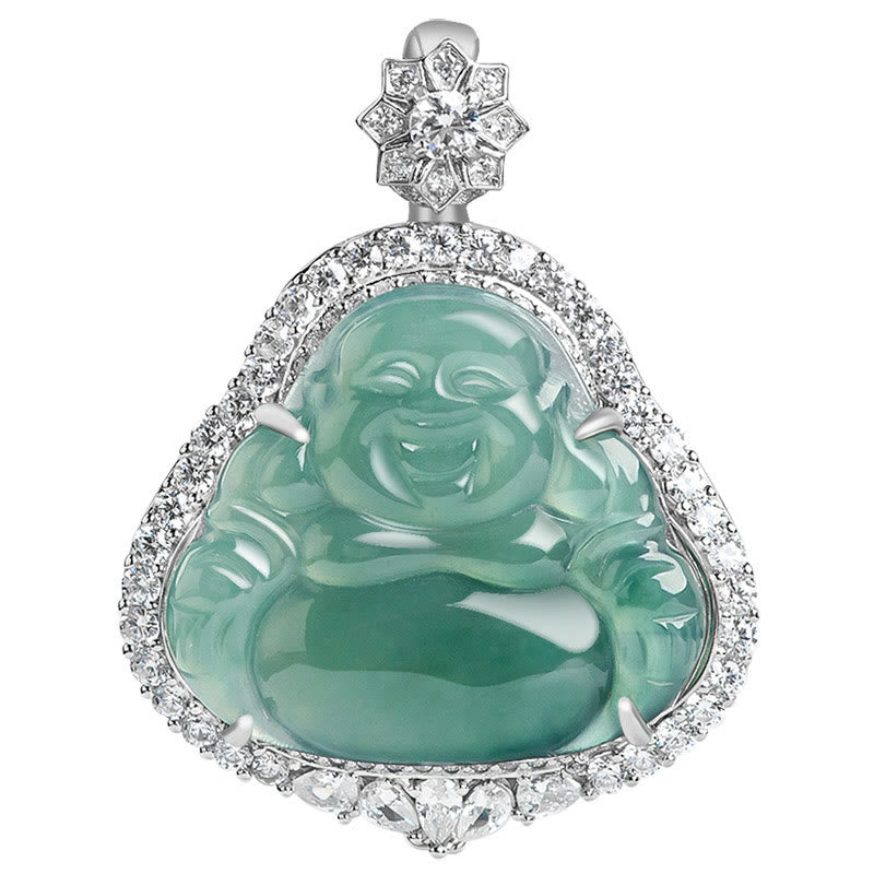 Collier Bouddha Rieur en Jade Naturel & Argent Sterling 925