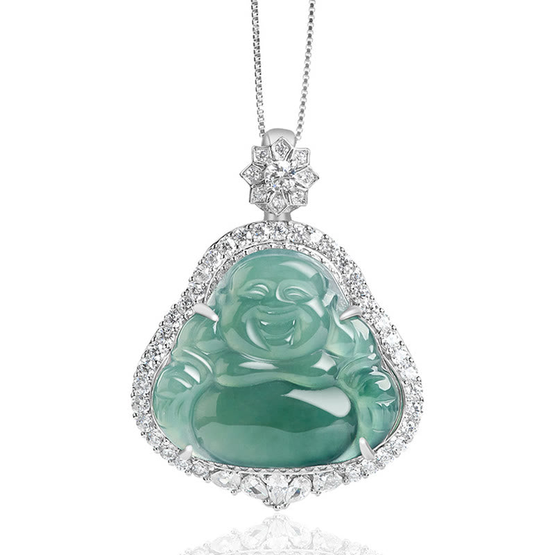 Collier Bouddha Rieur en Jade Naturel & Argent Sterling 925