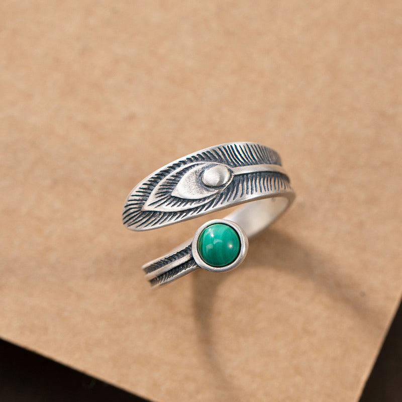 Bague Plume de Protection en Malachite & Argent Sterling 925 – Anneau Symbolique Unisexe