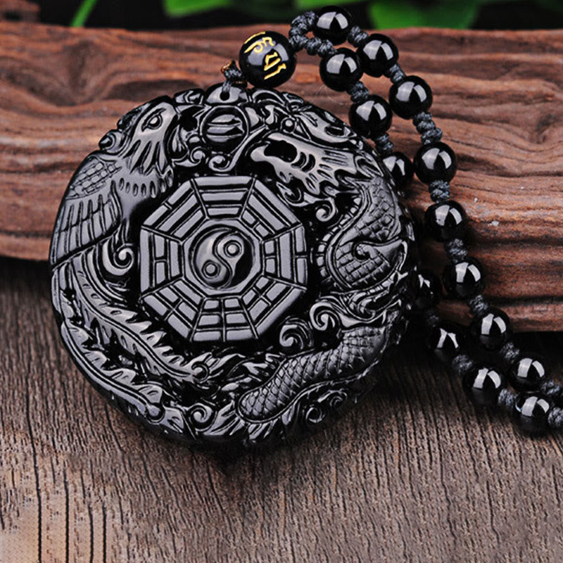 Pendentif Bagua Dragon & Phénix en Obsidienne Noire Naturelle