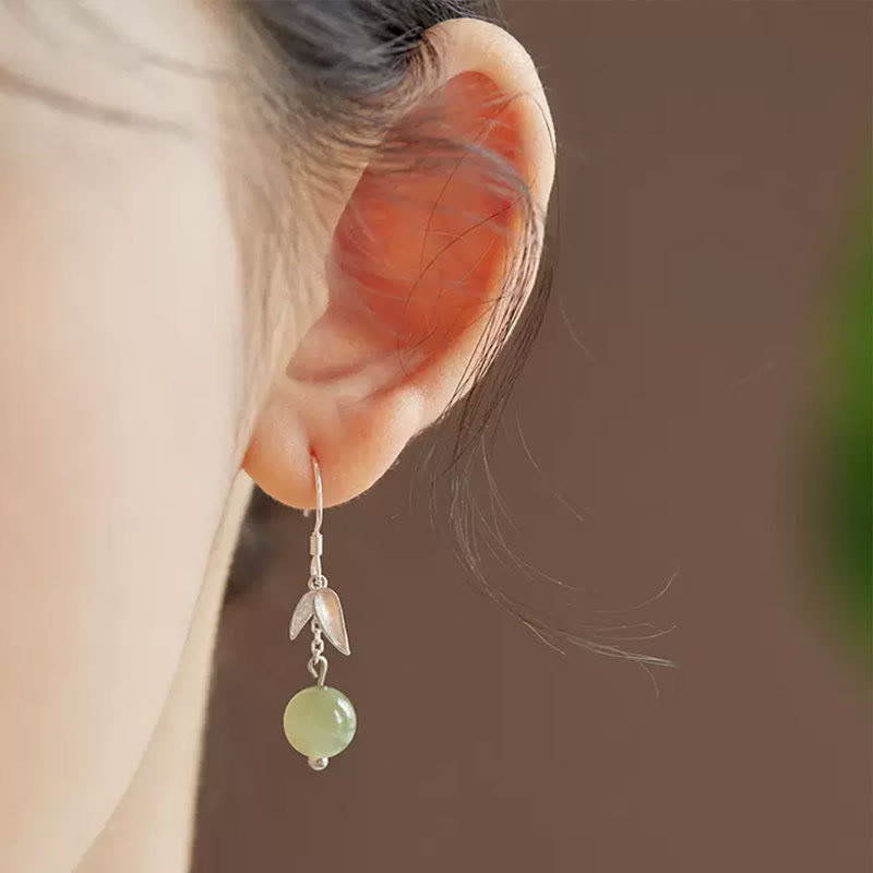 Boucles d’Oreilles Pendantes Bambou en Jade Hetian Naturel & Argent 999
