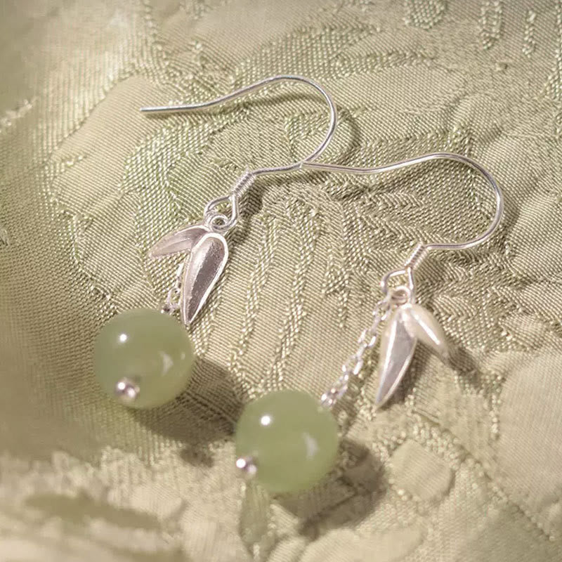 Boucles d’Oreilles Pendantes Bambou en Jade Hetian Naturel & Argent 999