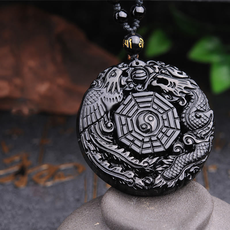 Pendentif Bagua Dragon & Phénix en Obsidienne Noire Naturelle