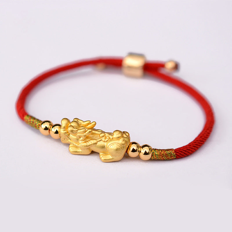 Bracelet Pixiu Luck en Fil Rouge ou Noir & Plaqué Or 24 Carats | Abondance & Protection Symbolique