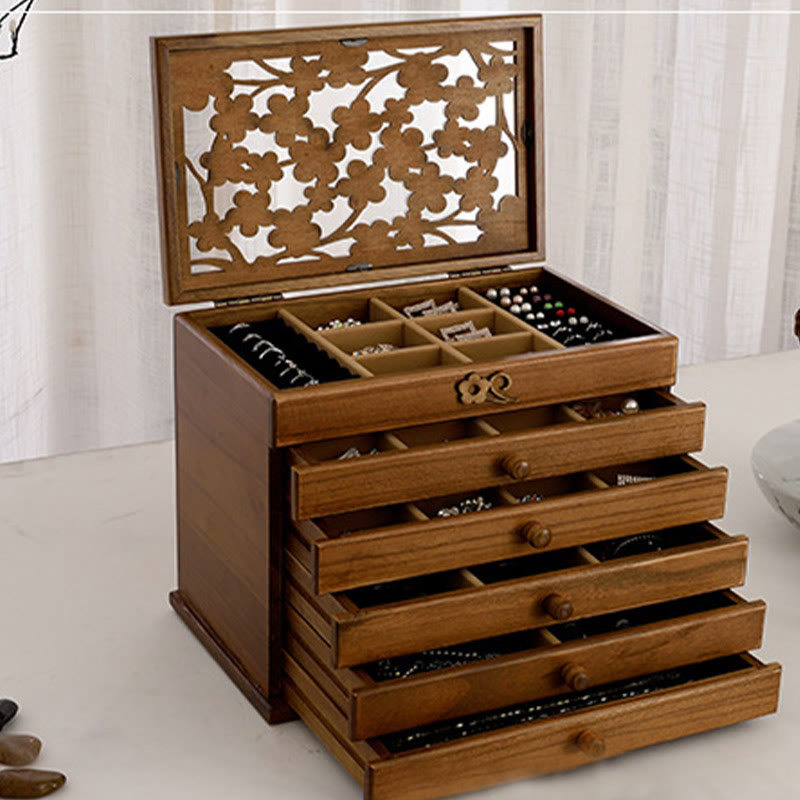 Boîte à bijoux en bois sculpté à six niveaux avec Buddha Stones et fleur de prunier vintage