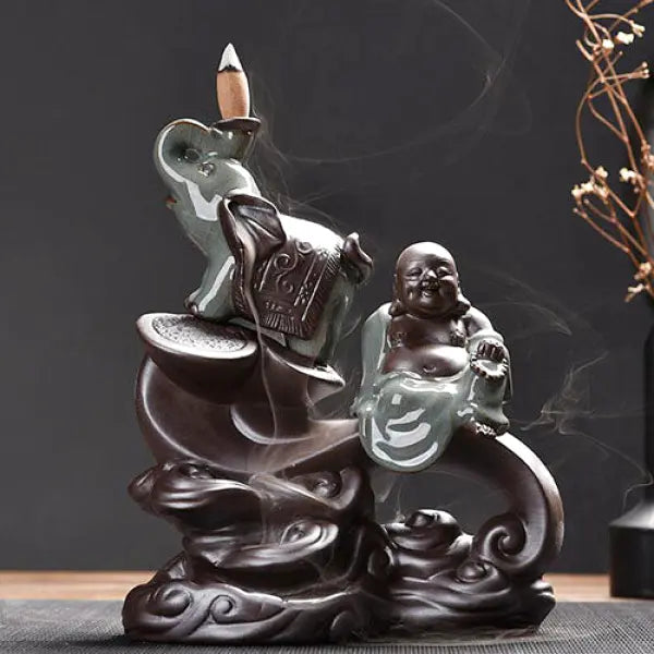 Porte-Encens Cascade Bouddha Rieur & Éléphant