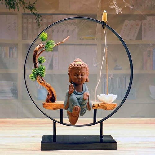 Brûleur d’Encens Bouddha Zen avec Support Circulaire