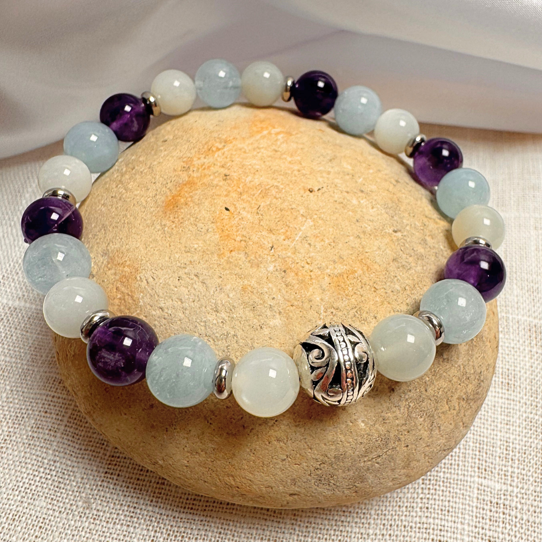 Bracelet Premium Bien-Être Intérieur en Améthyste, Aigue-Marine & Pierre de Lune