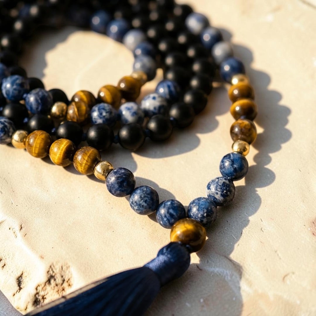 Collier Mala Bouclier Intérieur en Sodalite, Œil de Tigre & Onyx Noir