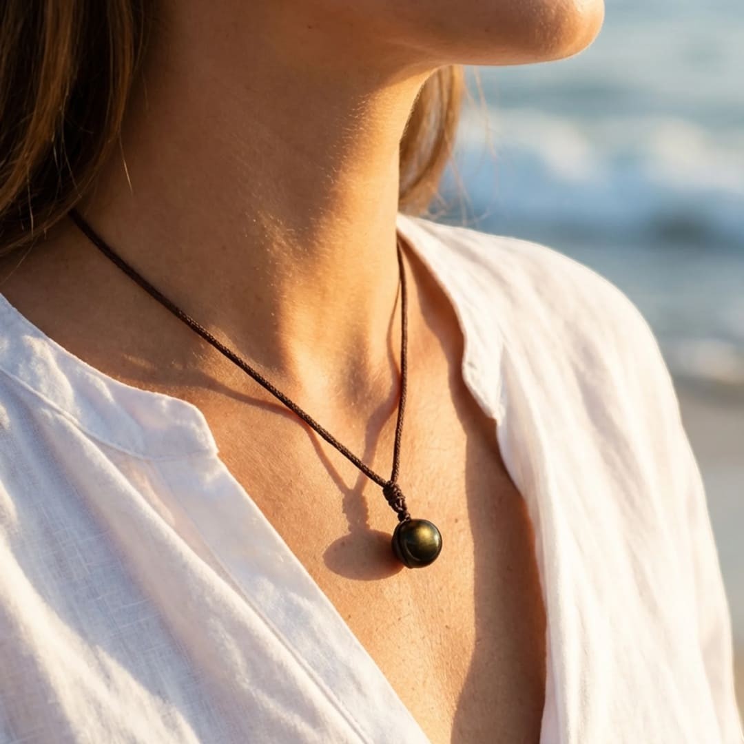 Pendentif Sphère en Obsidienne Dorée