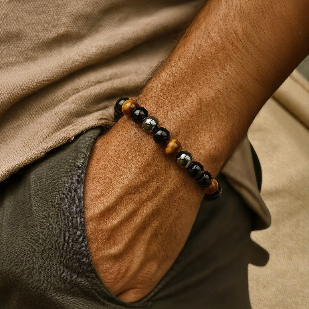 Bracelet 3 Protections en Oeil de Tigre, Hématite & Obsidienne Noire