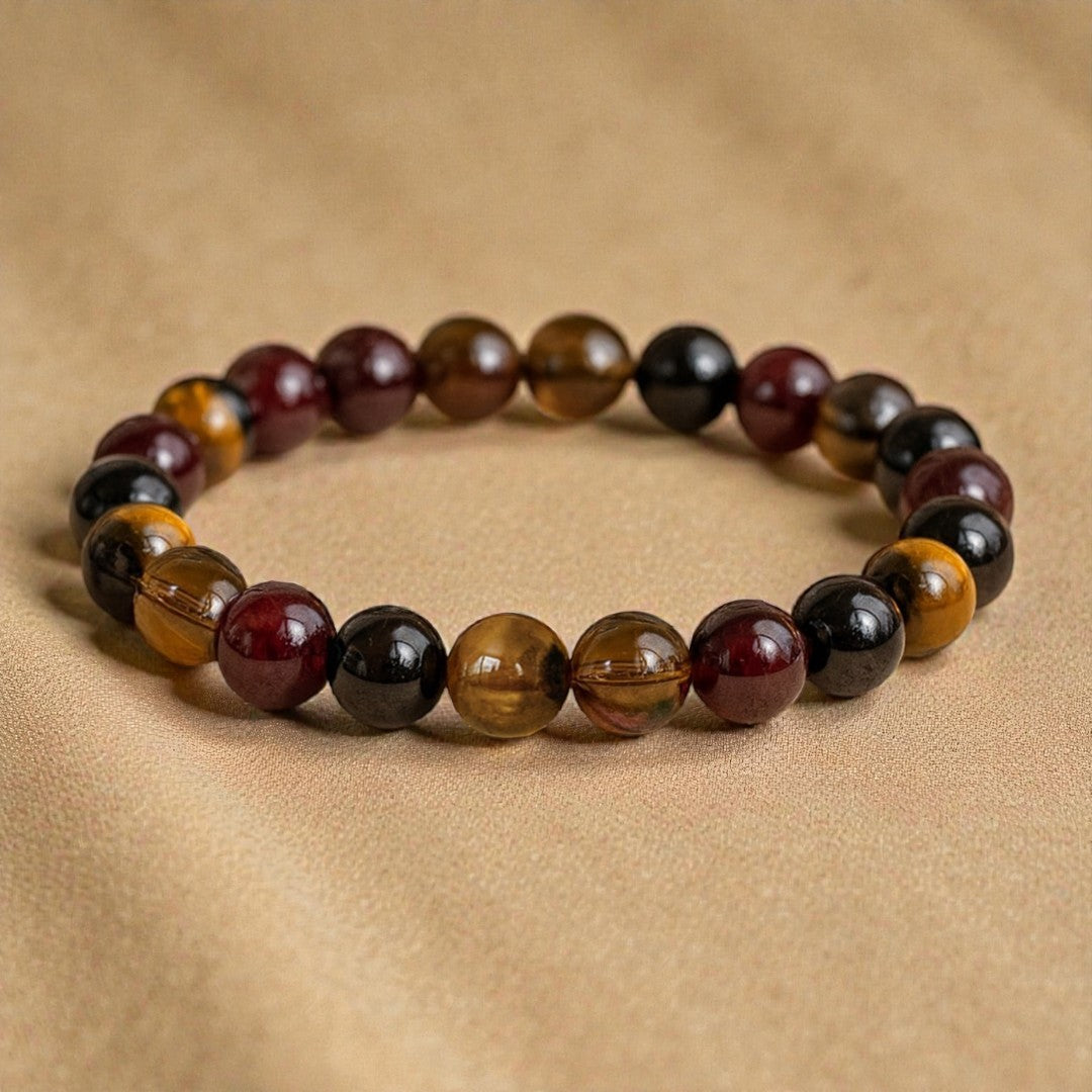 Bracelet Réussite & Protection en Oeil de Tigre, Grenat, Tourmaline & Quartz Fumé